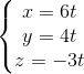 \left\{\begin{matrix} x=6t\\y=4t \\z=-3t \end{matrix}\right.