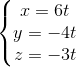 \left\{\begin{matrix} x=6t\\y=-4t \\z=-3t \end{matrix}\right.
