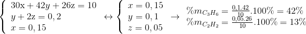\left\{ \begin{array}{l} 30{\rm{x}} + 42y + 26{\rm{z}} = 10\\ y + 2{\rm{z}} = 0,2\\ x = 0,15 \end{array} \right. \leftrightarrow \left\{ \begin{array}{l} x = 0,15\\ y = 0,1\\ z = 0,05 \end{array} \right.$ $\rightarrow \begin{array}{l} \% {m_{{C_3}{H_6}}} = \frac{{0,1.42}}{{10}}.100\% = 42\% \\ \% {m_{{C_2}{H_2}}} = \frac{{0,05.26}}{{10}}.100\% = 13\% \end{array}