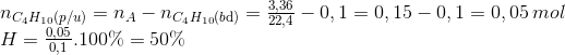 \begin{array}{l} {n_{{C_4}{H_{10}}(p/u)}} = {n_A} - {n_{{C_4}{H_{10}}(b{\rm{d}})}} = \frac{{3,36}}{{22,4}} - 0,1 = 0,15 - 0,1 = 0,05\,mol\\ H = \frac{{0,05}}{{0,1}}.100\% = 50\% \end{array}