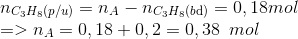\begin{array}{l} {n_{{C_3}{H_8}(p/u)}} = {n_A} - {n_{{C_3}{H_8}(b{\rm{d}})}} = 0,18mol\\ = > {n_A} = 0,18 + 0,2 = 0,38\,\,\,mol\\ \end{array}