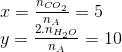 \begin{array}{l} x = \frac{{n_{C{O_2}}}}{{{n_A}}} = 5\\ y = \frac{{2.{n_{{H_2}O}}}}{{{n_A}}} = 10 \end{array}