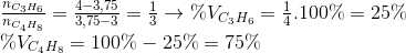 \begin{array}{l} \frac{{{n_{{C_3}{H_6}}}}}{{{n_{{C_4}{H_8}}}}} = \frac{{4 - 3,75}}{{3,75 - 3}} = \frac{1}{3} \to \% {V_{{C_3}{H_6}}} = \frac{1}{4}.100\% = 25\% \\ \% {V_{{C_4}{H_8}}} = 100\% - 25\% = 75\% \end{array}