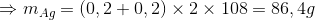 \Rightarrow {m_{Ag}} = (0,2 + 0,2) \times 2 \times 108 = 86,4g