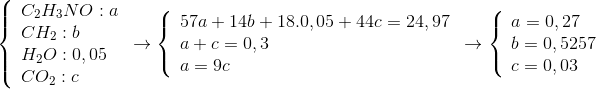 \left\{ \begin{array}{l} {C_2}{H_3}NO:a\\ C{H_2}:b\\ {H_2}O:0,05\\ C{O_2}:c \end{array} \right. \to \left\{ \begin{array}{l} 57a + 14b + 18.0,05 + 44c = 24,97\\ a + c = 0,3\\ a = 9c \end{array} \right. \to \left\{ \begin{array}{l} a = 0,27\\ b = 0,5257\\ c = 0,03 \end{array} \right.