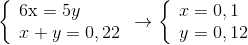 \left\{ \begin{array}{l} 6{\rm{x}} = 5y\\ x + y = 0,22 \end{array} \right. \to \left\{ \begin{array}{l} x = 0,1\\ y = 0,12 \end{array} \right.