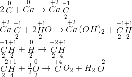 \begin{array}{l} 2\mathop C\limits^0 + \mathop {Ca}\limits^0 \to \mathop {Ca}\limits^{ + 2} {\mathop C\limits^{ - 1} _2}\\ \mathop {Ca}\limits^{ + 2} {\mathop C\limits^{ - 1} _2} + 2{\mathop H\limits^{ + 1} _2}O \to \mathop {Ca}\limits^{ + 2} {(OH)_2} + {\mathop C\limits^{ - 1} _2}{\mathop H\limits^{ + 1} _2}\\ {\mathop C\limits^{ - 1} _2}{\mathop H\limits^{ + 1} _2} + {\mathop H\limits^0 _2} \to {\mathop C\limits^{ - 2} _2}{\mathop H\limits^{ + 1} _4}\\ {\mathop C\limits^{ - 2} _2}{\mathop H\limits^{ + 1} _4} + \frac{3}{2}{\mathop O\limits^0 _2} \to \mathop C\limits^{ + 4} {O_2} + {H_2}\mathop O\limits^{ - 2} \end{array}