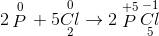 2\mathop P\limits^0 {\rm{ }} + {\rm{ }}5{\mathop {Cl}\limits^0 _2} \to 2\mathop P\limits^{ + 5} {\mathop {Cl}\limits^{ - 1} _5}