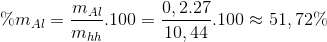 \% m_{Al} = \frac{{{m_{Al}}}}{{{m_{hh}}}}.100 = \frac{{0,2.27}}{{10,44}}.100 \approx 51,72\%