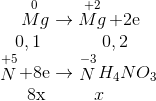 \begin{array}{l} \,\,\,\,\,\,\mathop {\,Mg}\limits^0 \to \mathop {Mg}\limits^{ + 2} + 2{\rm{e}}\\ \,\,\,\,\,{\rm{ 0,1}}\,\,\,\,\,\,\,\,\,\,\,\,\,\,\,\,\,\,\,\,{\rm{ 0,2}}\\ \mathop N\limits^{ + 5} + 8{\rm{e}} \to \mathop N\limits^{ - 3} {H_4}N{O_3}\\ \,\,\,\,\,\,\,\,\,8{\rm{x}}\,\,\,\,\,\,\,\,\,\,\,\,\,\,\,\,x \end{array}