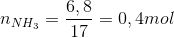 {n_{N{H_3}}} = \frac{{6,8}}{{17}} = 0,4mol