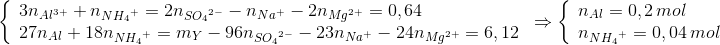 \left\{ \begin{array}{l} 3{n_{A{l^{3 + }}}} + {n_{N{H_4}^ + }} = 2{n_{S{O_4}^{2 - }}} - {n_{N{a^ + }}} - 2{n_{M{g^{2 + }}}} = 0,64\\ 27{n_{Al}} + 18{n_{N{H_4}^ + }} = {m_Y} - 96{n_{S{O_4}^{2 - }}} - 23{n_{N{a^ + }}} - 24{n_{M{g^{2 + }}}} = 6,12 \end{array} \right. \Rightarrow \left\{ \begin{array}{l} {n_{Al}} = 0,2\,mol\\ {n_{N{H_4}^ + }} = 0,04\,mol \end{array} \right.