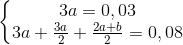 \left\{\begin{matrix} 3a=0,03\\ 3a+\frac{3a}{2}+\frac{2a+b}{2}=0,08 \end{matrix}\right.