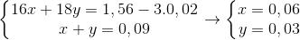 \left\{\begin{matrix} 16x+18y=1,56-3.0,02\\ x+y=0,09 \end{matrix}\right.\rightarrow \left\{\begin{matrix} x=0,06\\ y=0,03 \end{matrix}\right.