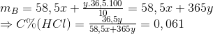 \begin{array}{l} {m_B} = 58,5x + \frac{{y.36,5.100}}{{10}} = 58,5x + 365y\\ \Rightarrow C\% (HCl) = \frac{{36,5y}}{{58,5x + 365y}} = 0,061 \end{array}