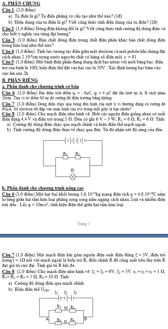 De thi hoc ki 1 lop 11 mon Ly nam 2013 (Phan 1)