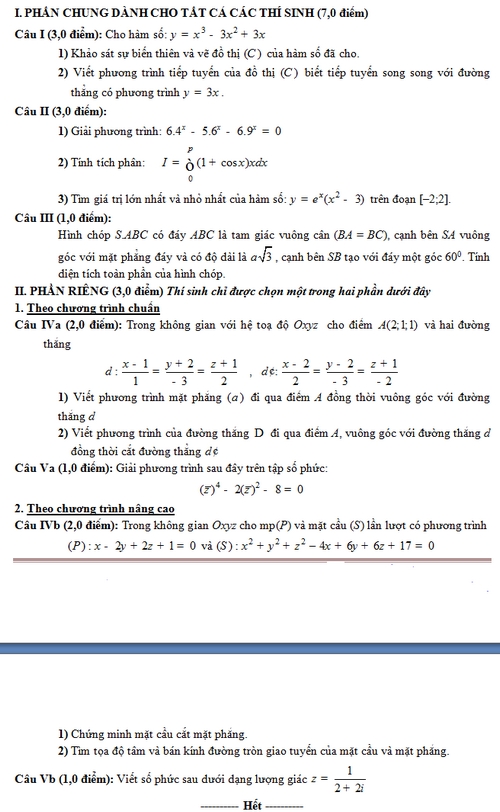 De thi thu tot nghiep THPT mon toan nam 2014 co dap an (P1)